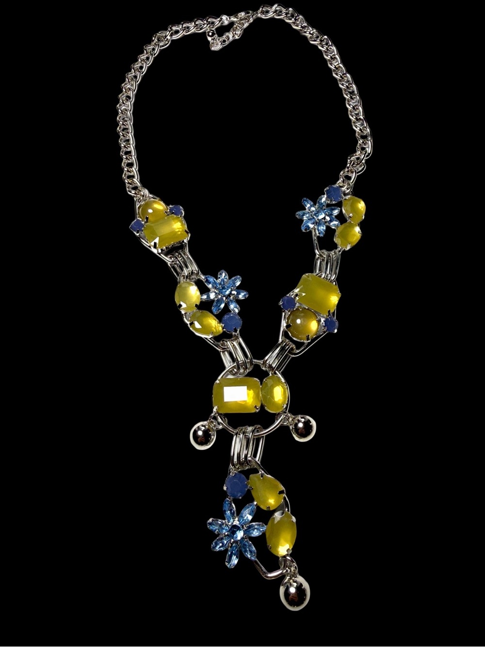 Source Unknown Yellow and Blue Floral Statement Necklace